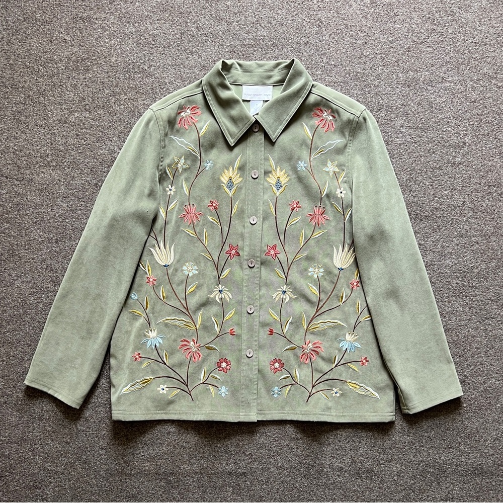 Susan Graver Embroidered Floral Faux Suede Button Up Shirt Jacket Green Size M - Picture 1 of 15